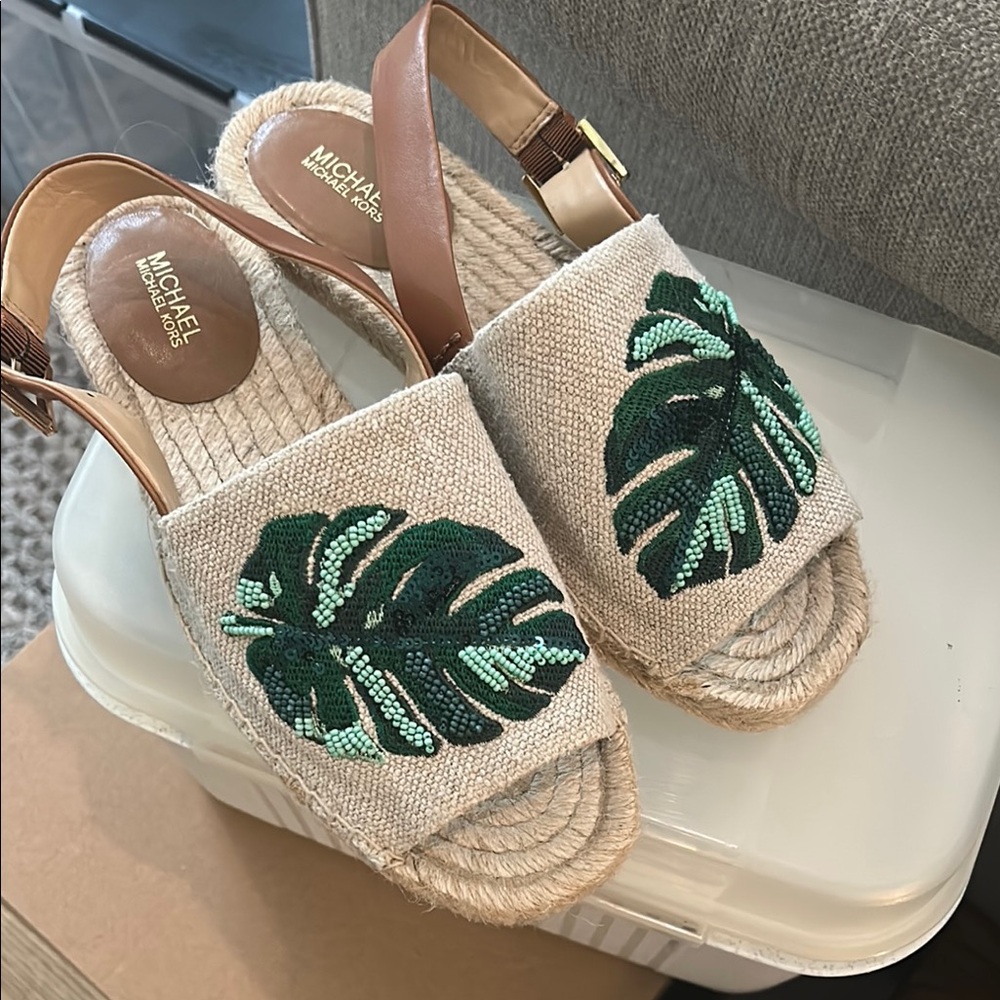 Michael Kors Cream and Green Espadrille Slides with Tropical Design